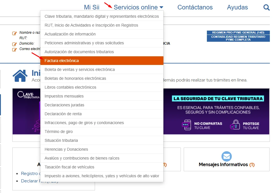 Menú Servicios online desplegado con la opción Factura electrónica resaltada
