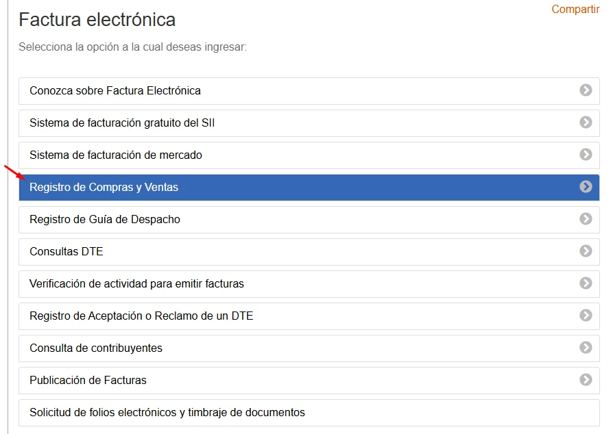 Lista de opciones de Factura electrónica con Registro de Compras y Ventas resaltado