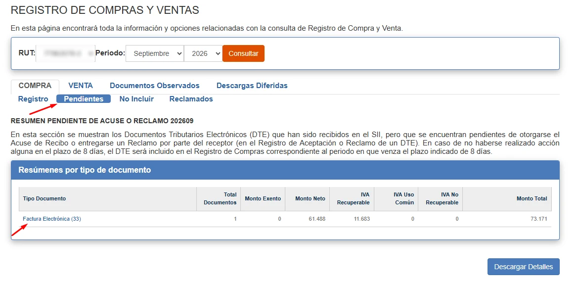 Pestaña Pendientes con el resumen de documentos por tipo y el enlace a Factura Electrónica 33