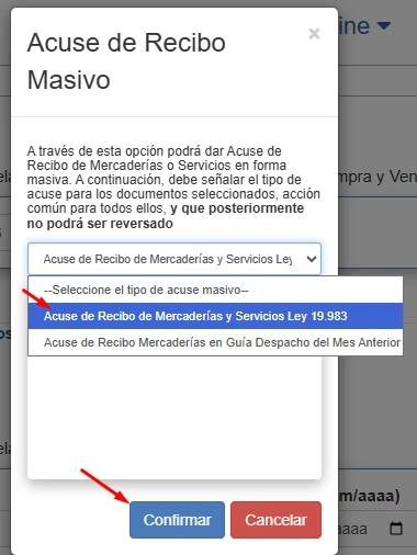 Ventana de Acuse de Recibo Masivo con el selector de tipo de acuse desplegado