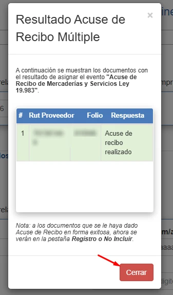 Ventana de resultado mostrando Acuse de recibo realizado para el documento procesado