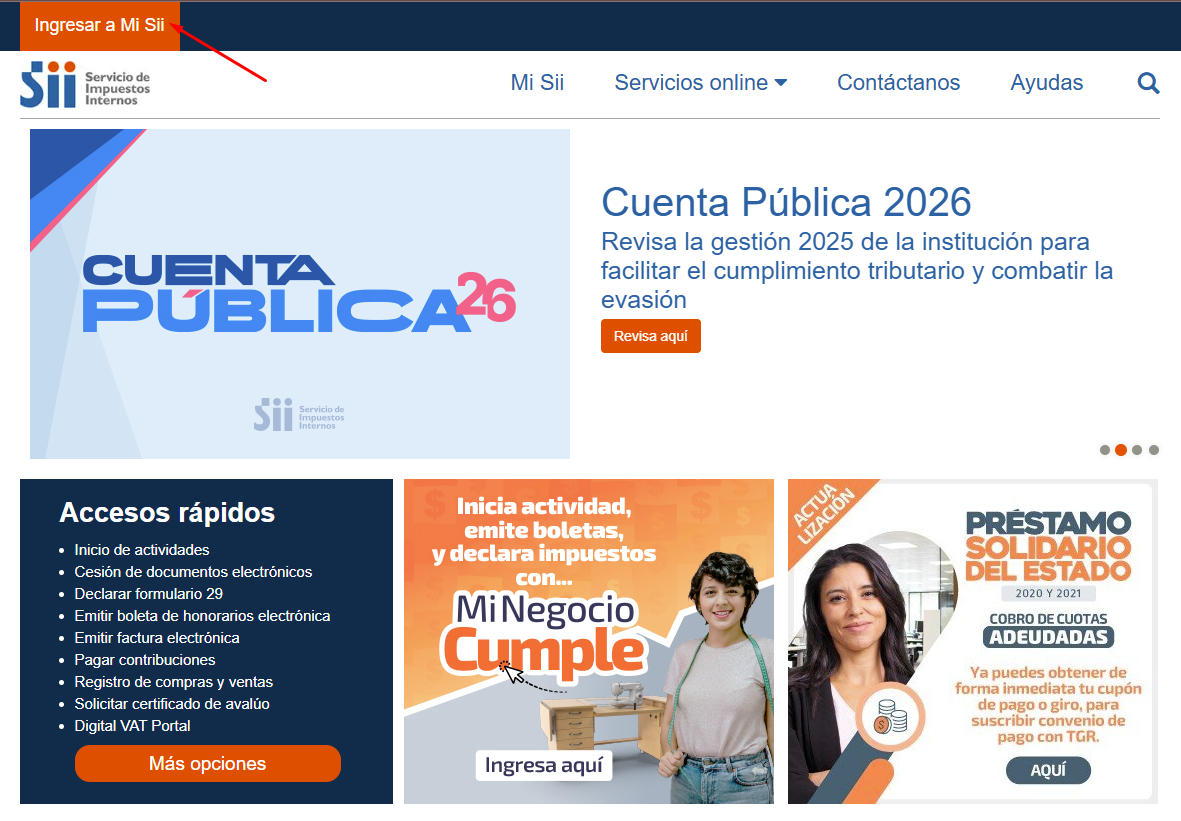 Portada del SII con el botón Ingresar a Mi Sii señalado