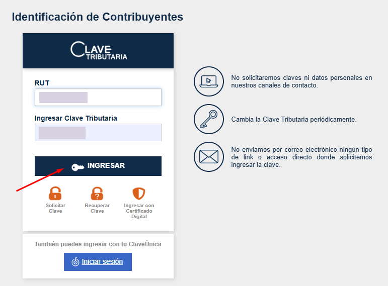 Acceso del SII con los campos RUT y Clave Tributaria protegidos y botón Ingresar