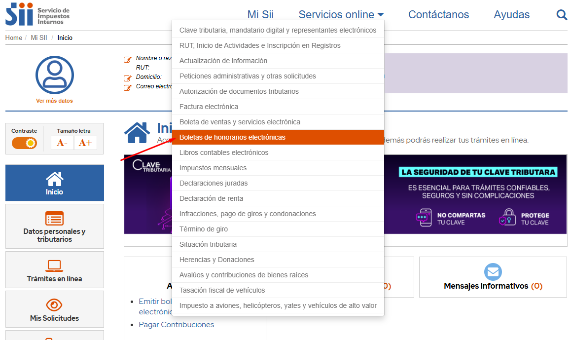 Menú Servicios online con la opción Boletas de honorarios electrónicas destacada