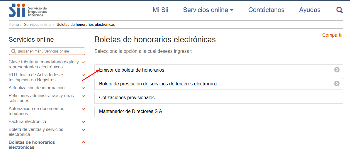 Página de boletas de honorarios electrónicas con enlace Emisor de boleta de honorarios