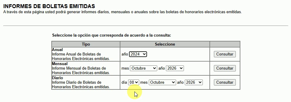 Formulario de informes de boletas emitidas con alternativas anual, mensual y diaria y selección del año 2024
