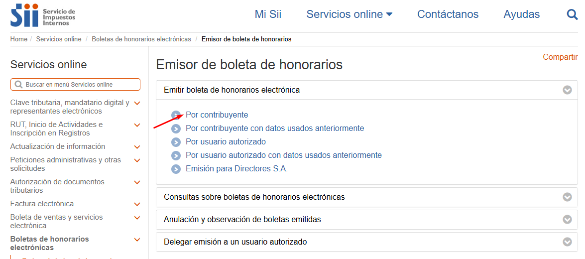 Sección Emitir boleta de honorarios electrónica desplegada con enlace Por contribuyente