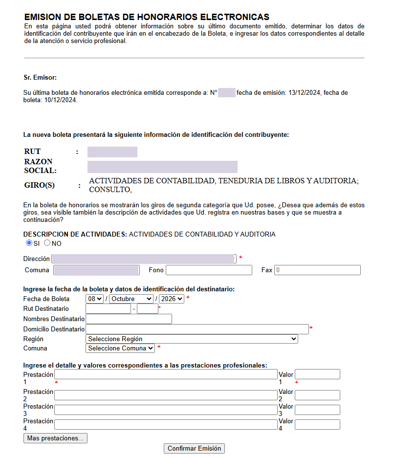 Formulario de emisión con datos del emisor, fecha, destinatario y prestaciones, con identificación protegida