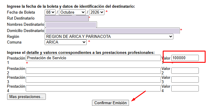 Detalle de prestación con el valor bruto 100000 y botón Confirmar Emisión