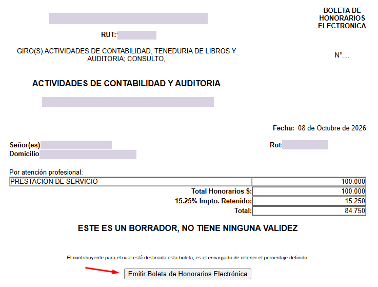 Borrador sin validez con honorarios brutos 100000, retención 15250, líquido 84750 y botón Emitir Boleta de Honorarios Electrónica