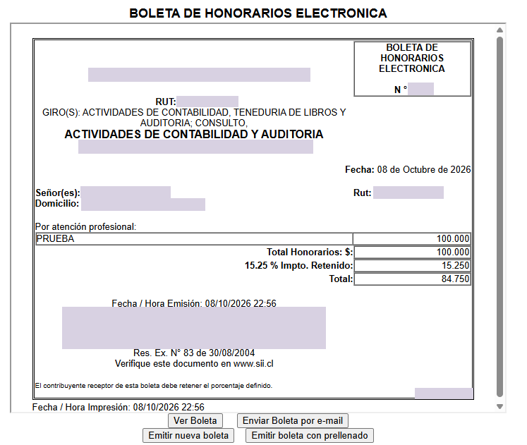 Boleta de honorarios ya emitida con opciones Ver Boleta y Enviar Boleta por e-mail, con datos identificatorios protegidos