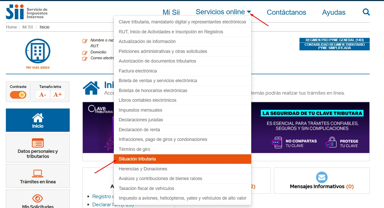 Menú Servicios online desplegado con la opción Situación tributaria resaltada