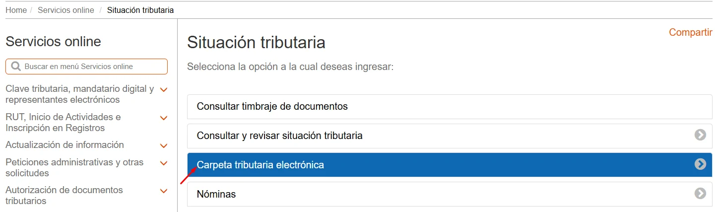 Opciones de Situación tributaria con Carpeta tributaria electrónica resaltada