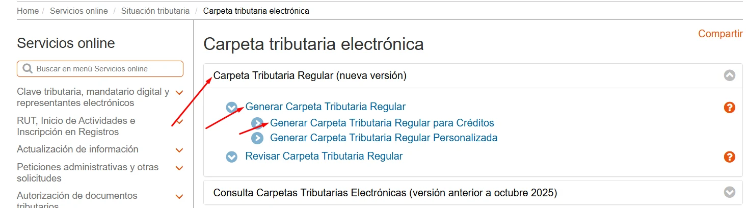 Opciones para generar carpeta tributaria regular, para créditos o personalizada