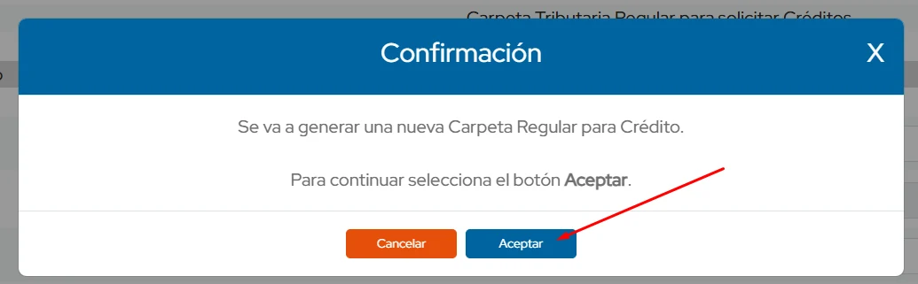 Ventana de confirmación para generar una nueva carpeta regular para crédito