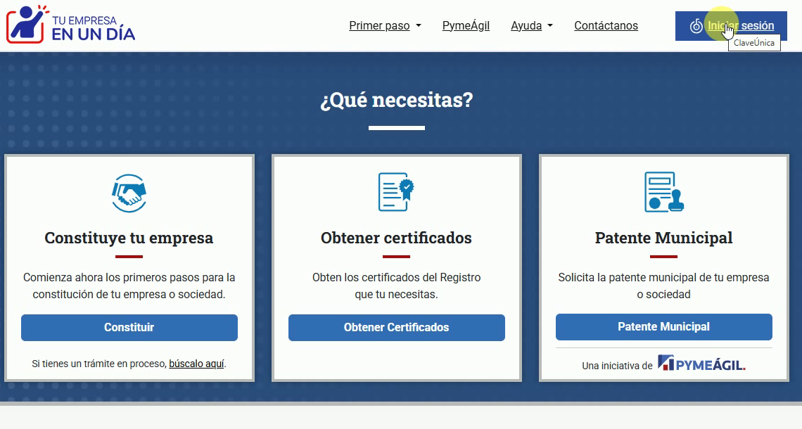 Portal del Registro de Empresas y Sociedades con el botón Iniciar sesión
