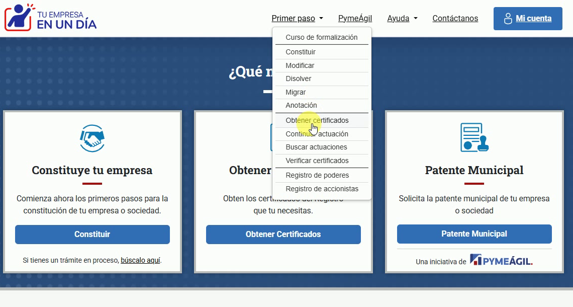 Menú Primer paso del Registro con la opción Obtener certificados