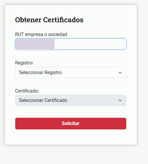 Formulario de solicitud de certificados con campo RUT de la empresa