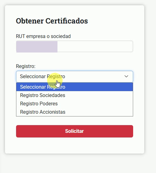 Selector Registro con la alternativa Registro Sociedades