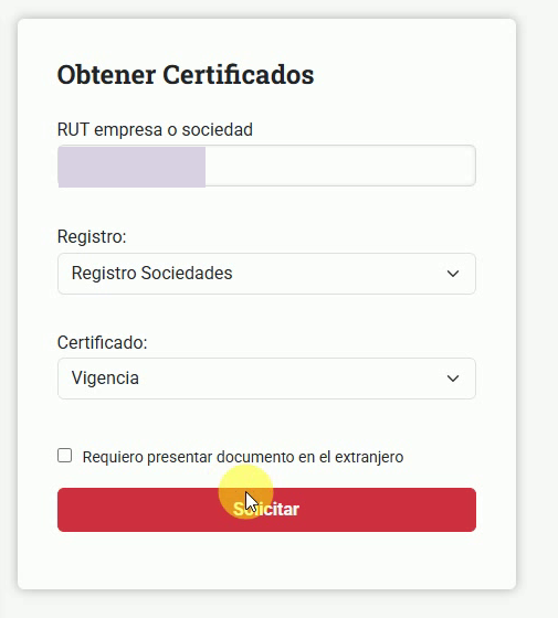Formulario con el tipo Vigencia seleccionado y botón Solicitar