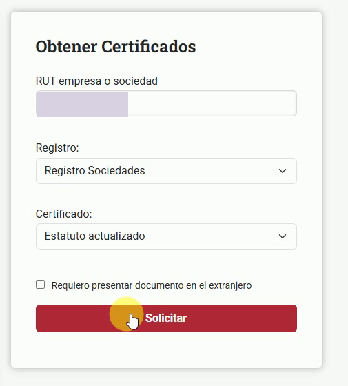 Formulario con el tipo Estatuto actualizado seleccionado y botón Solicitar