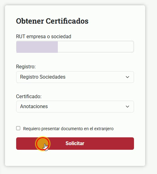 Formulario con el tipo Anotaciones seleccionado y botón Solicitar