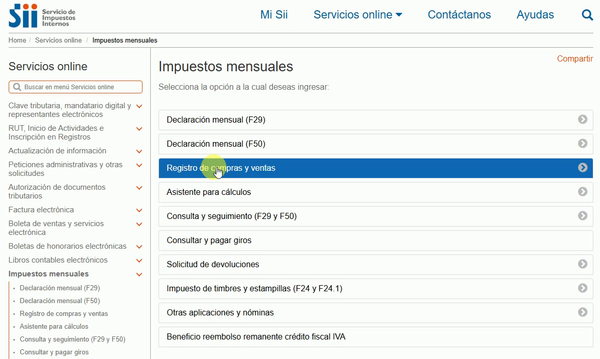 Página Impuestos mensuales del SII con la opción Registro de Compras y Ventas señalada