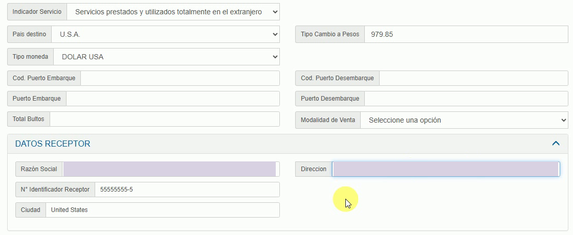 Datos del receptor extranjero con identificación de la empresa protegida y el valor genérico del ejemplo visible