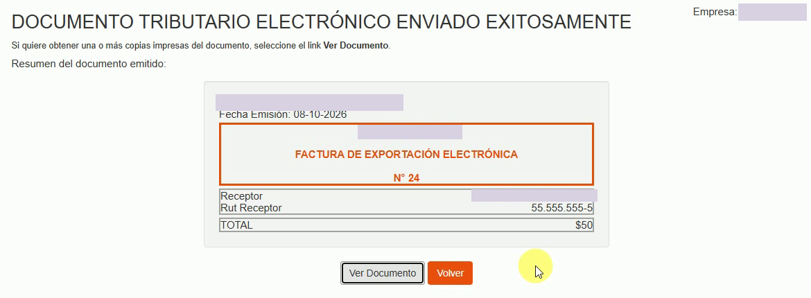 Confirmación de la factura de exportación emitida con folio 24, total 50 y botón Ver Documento
