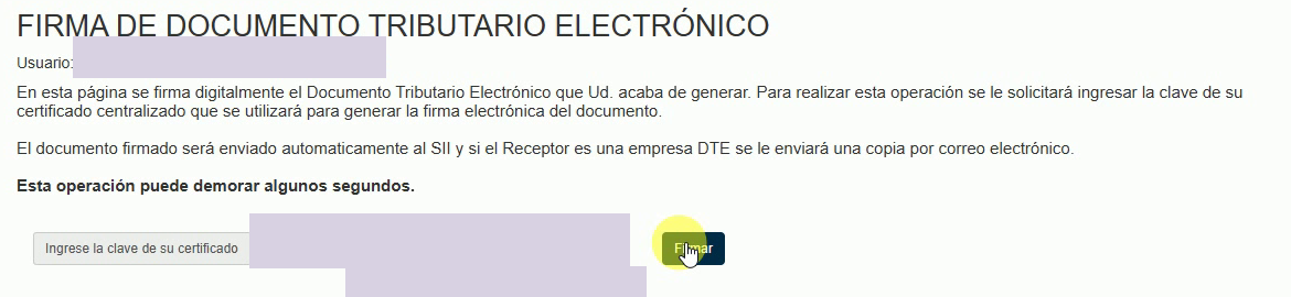 Pantalla de firma del documento tributario electrónico con identificación y clave del certificado protegidas