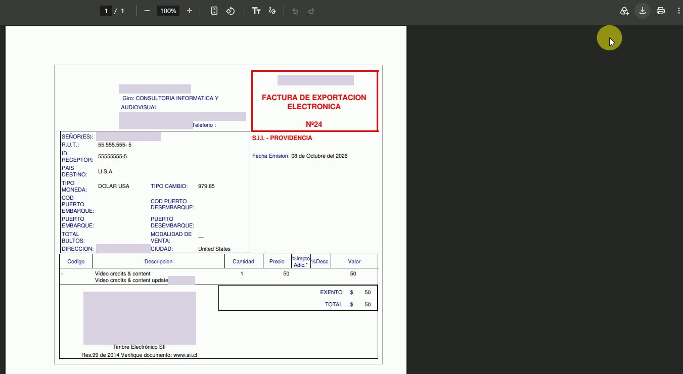 Factura de exportación folio 24 en el visor PDF, con total 50 en DOLAR USA y los datos identificatorios protegidos