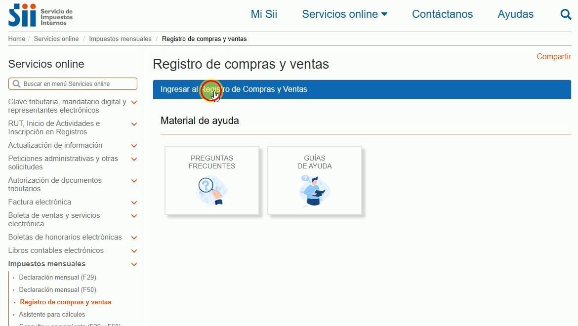 Página Registro de Compras y Ventas con el enlace Ingresar al Registro de Compras y Ventas