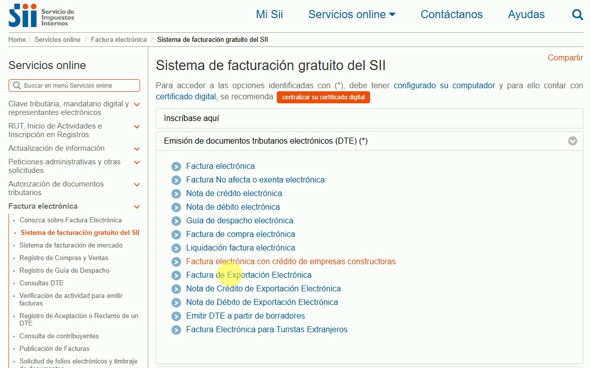 Sistema gratuito del SII con Factura de Exportación Electrónica señalada dentro de Emisión de documentos tributarios electrónicos
