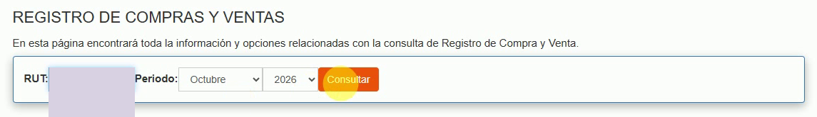 Registro de Compras y Ventas con selector de contribuyente protegido, período octubre de 2026 y botón Consultar