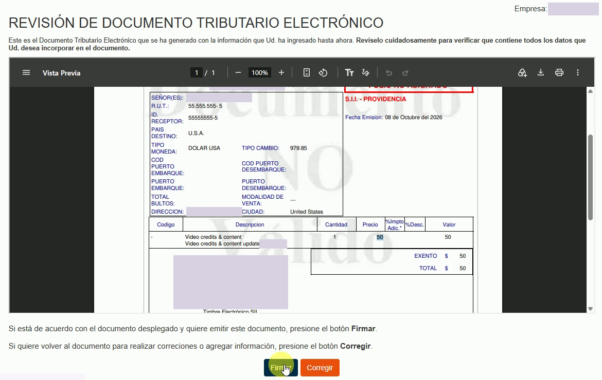 Revisión de la factura de exportación en PDF con moneda DOLAR USA, cambio 979.85, total 50 y botones Firmar y Corregir