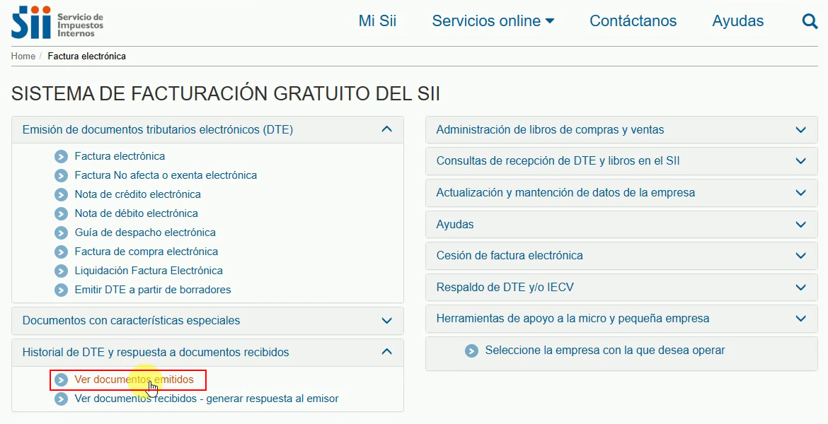 Historial de DTE desplegado con la opción Ver documentos emitidos señalada