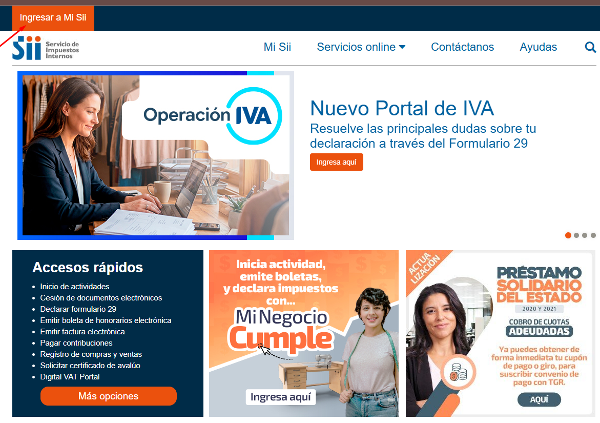 Portada del SII con Ingresar a Mi SII señalado en la barra superior