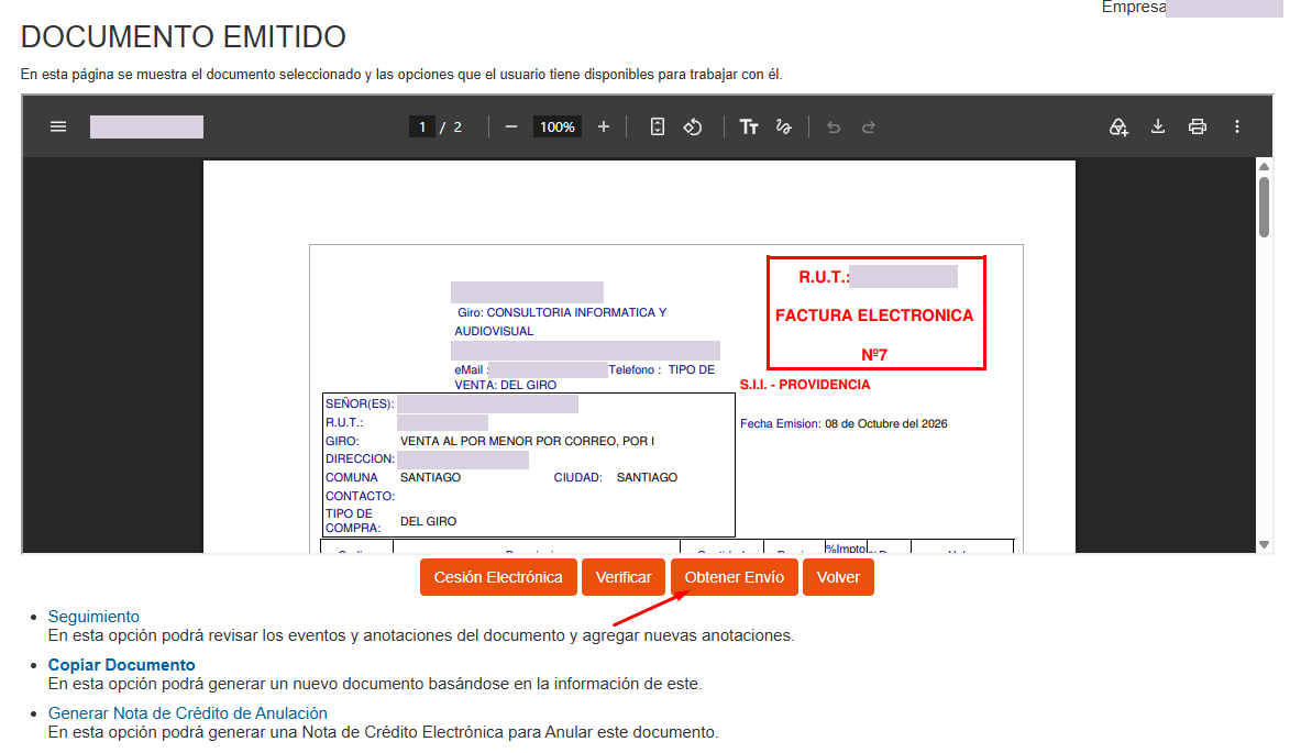 Pantalla Documento emitido con la factura PDF y el botón Obtener Envío señalado, con identificadores protegidos
