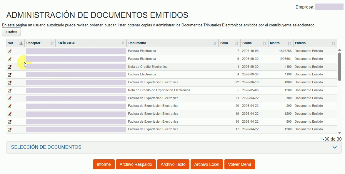 Listado de documentos emitidos del sistema gratuito del SII para seleccionar la factura recién emitida