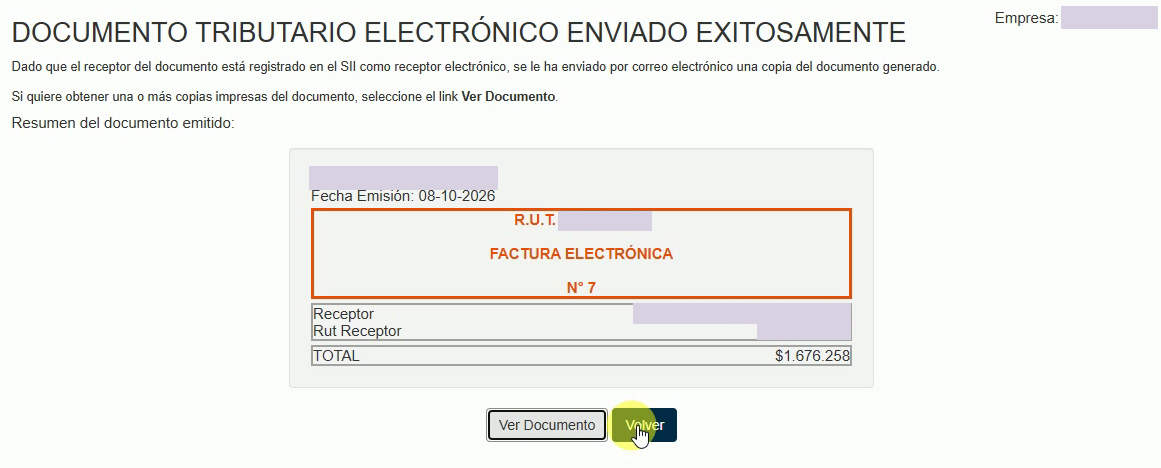 Pantalla Documento Tributario Electrónico enviado exitosamente con acceso para ver el documento