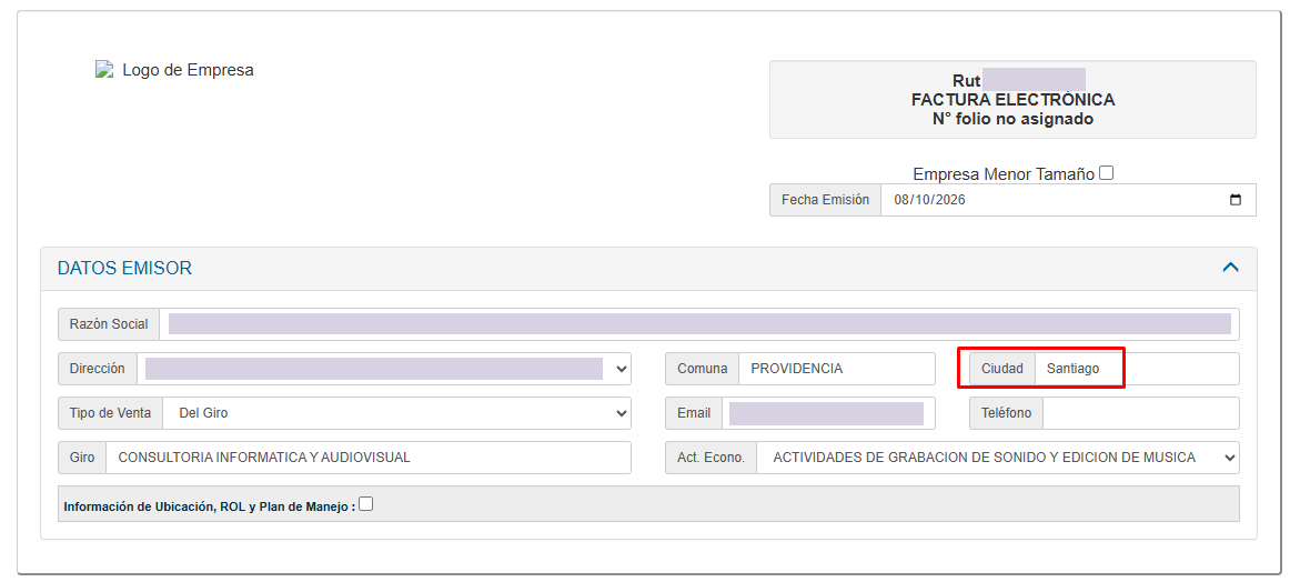 Formulario de factura con fecha de emisión y sección Datos emisor, con identificadores de la empresa protegidos