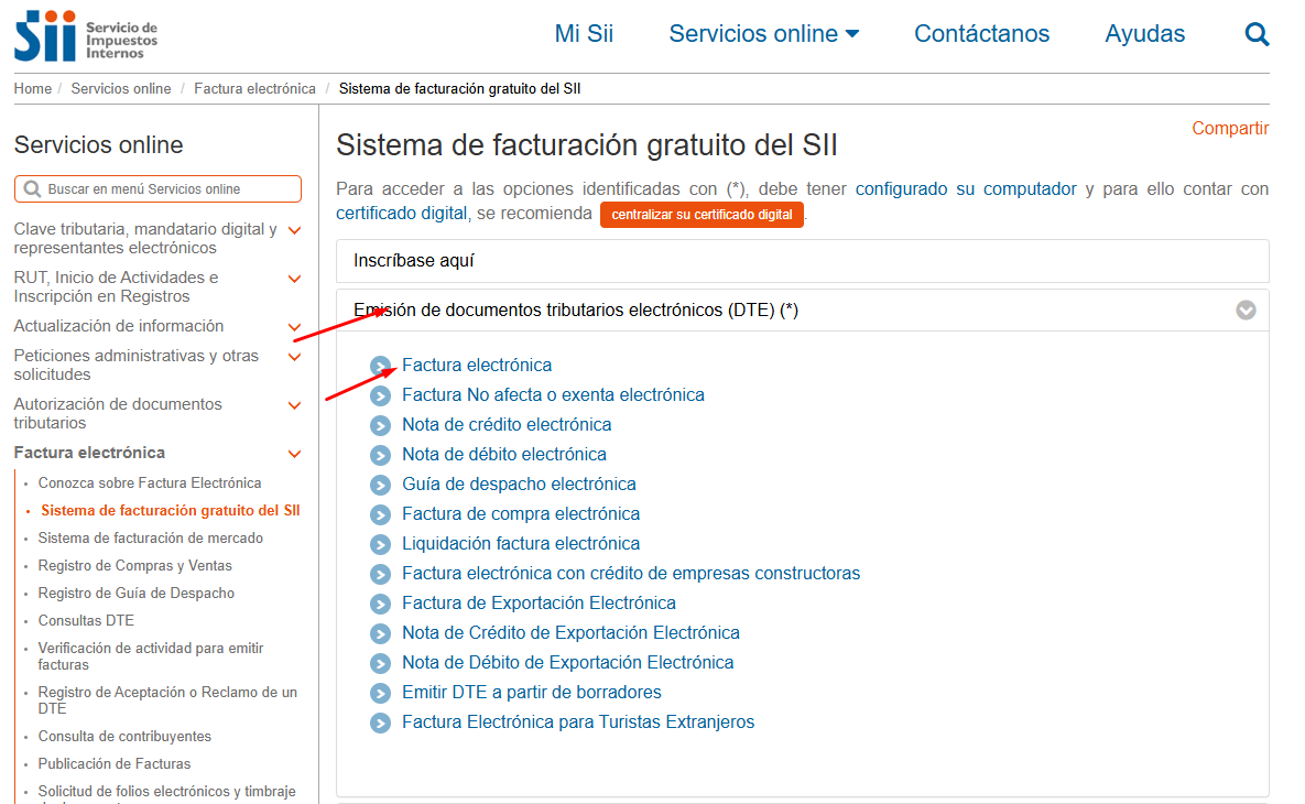 Sistema gratuito del SII con Emisión de documentos tributarios electrónicos desplegado y Factura electrónica señalada