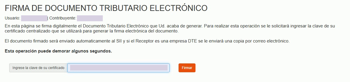 Firma de Documento Tributario Electrónico con identificación y clave del certificado protegidas y botón Firmar