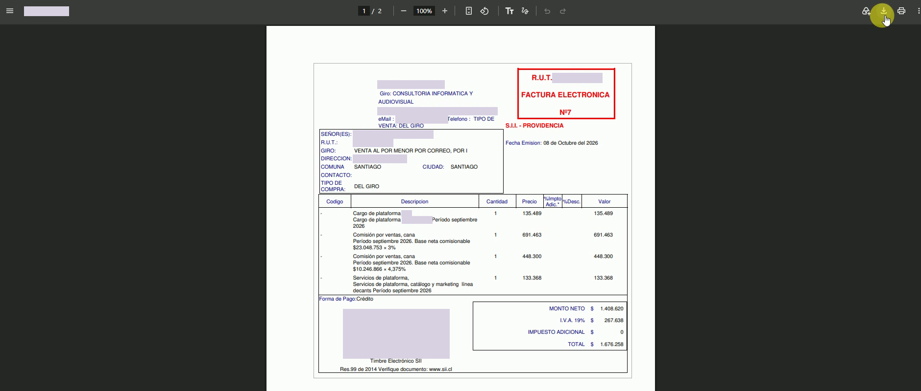 Factura emitida abierta en el visor PDF para guardar una copia, con los identificadores protegidos