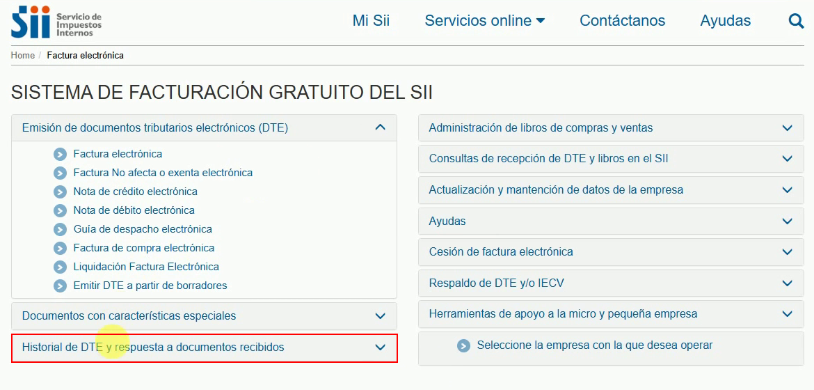 Menú del sistema de facturación gratuito del SII con Historial de DTE y respuesta a documentos recibidos señalado