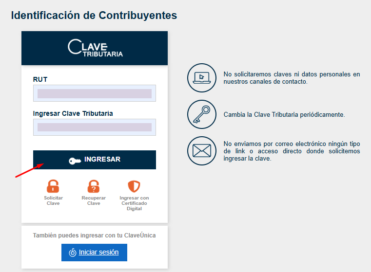 Identificación de Contribuyentes con RUT y Clave Tributaria protegidos y botón Ingresar señalado