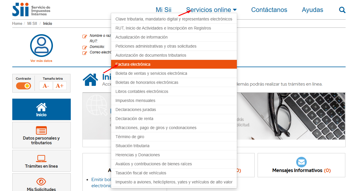 Menú Servicios online del SII con la opción Factura electrónica destacada