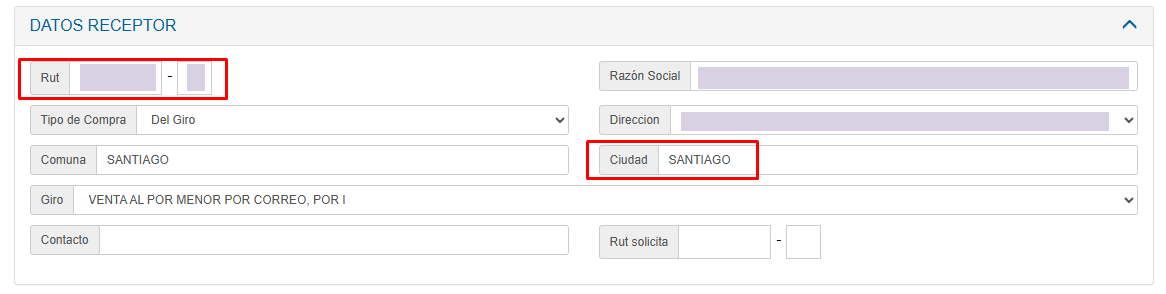 Sección Datos receptor con RUT, razón social y dirección protegidos, y los campos de compra, giro, comuna y ciudad visibles