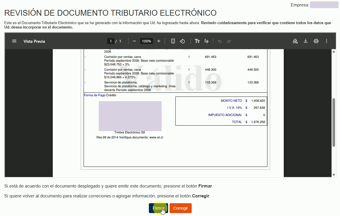 Revisión de Documento Tributario Electrónico con vista previa y opciones Firmar y Corregir