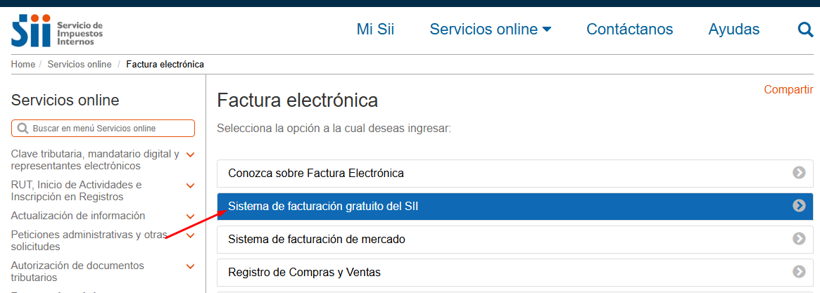 Página Factura electrónica con Sistema de facturación gratuito del SII señalado